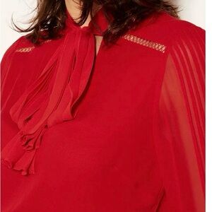 Karen Millen Red Pleated Tie Neck Blouse Top Sz 10